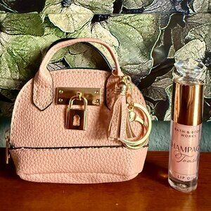 NEW 2-Pc Mini Keychain Handbag with Tassel & Keychain Coin Purse Pink & Lip Oil